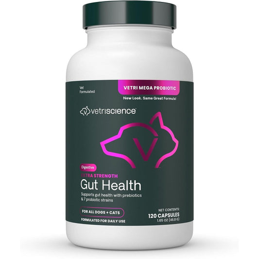 VetriScience Extra Strength Gut Health Probiotic And Prebiotic Digestive Supplement For Dogs And Cats Easy Open Capsules 120 Count