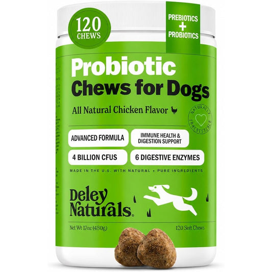 Deley Naturals Dog Probiotic Chews With Digestive Enzymes And Prebiotics For Gut Health 120 Chicken Flavored Soft Chews Made In United States