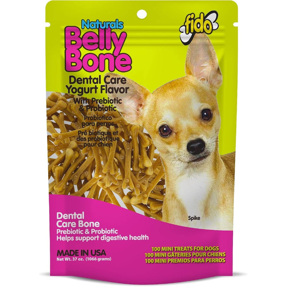 Fido Belly Bones Yogurt Flavor Dental Treats For Small Dogs Mini 100 Count USA Imported Digestive And Tartar Control For Extra Small Dogs