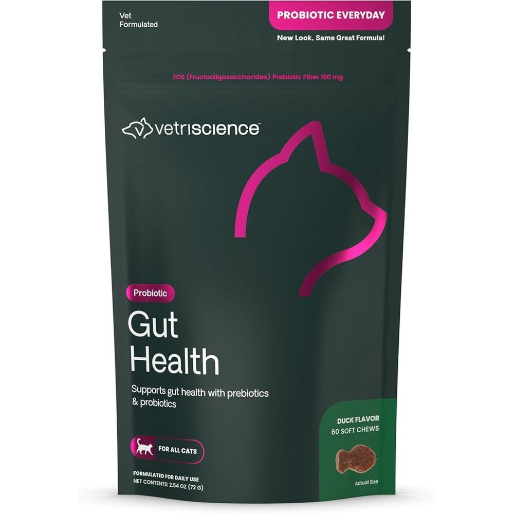 VetriScience Gut Health Chews Probiotic Everyday Digestive Supplement For Cats With Prebiotics And Probiotics In Duck Flavor 60 Count