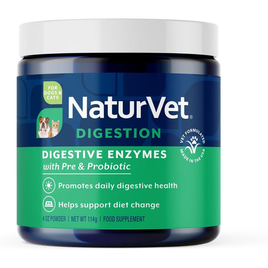 NaturVet Digestive Enzymes Plus Probiotics And Prebiotics Powder For Dogs And Cats 4 Ounce Jar