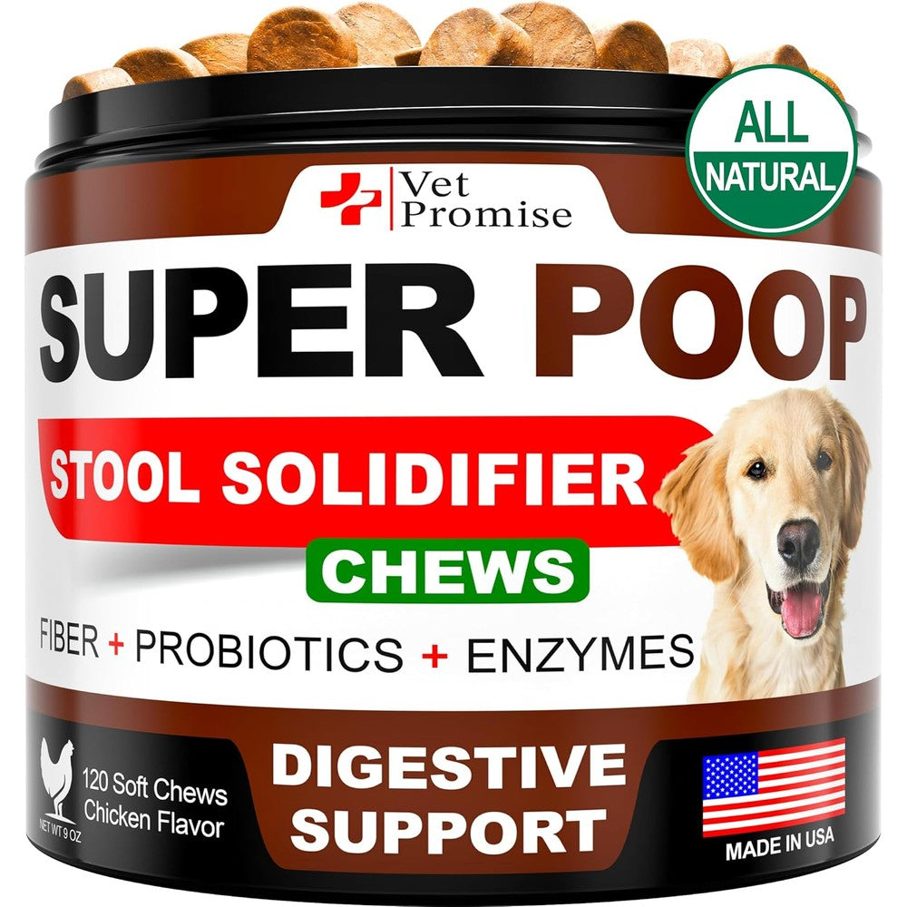 Vet Promise Super Poop Probiotics For Dogs With Digestive Enzymes And Fiber Stool Softener Supplement 120 Chicken Flavored Chews