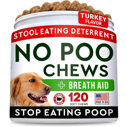 Strellalab No Poo Chews For Dogs Turkey Flavored Coprophagia And Stool Eating Deterrent With Probiotics Digestive Enzymes And Breath Aid 120 Count