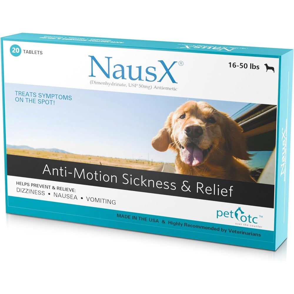 NausX Anti-Motion Sickness And Nausea Relief Tablets For Medium Breed Dogs 16 To 50 Pounds 20 Count USA Imported