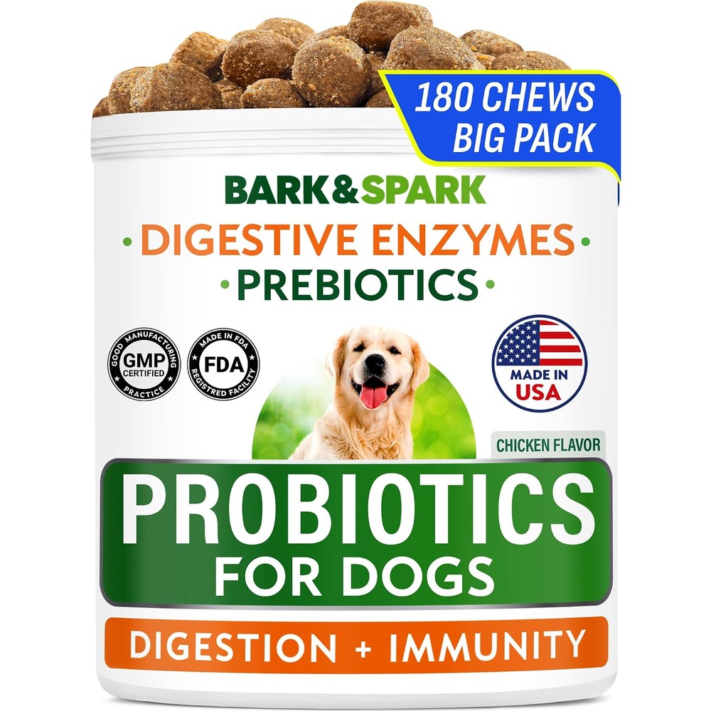 Bark&Spark Dog Probiotics And Digestive Enzymes Supplement For Gut Health, Allergy, And Itchy Skin Relief, Chicken Flavor, 180 Count