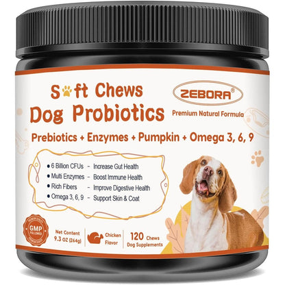 Zebora Probiotics For Dogs Digestive Health Plus Pumpkin And Fish Oil 120 Soft Chews
