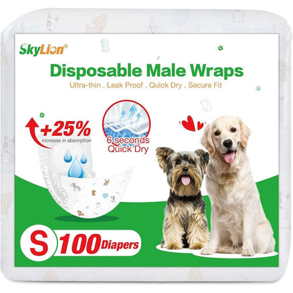 SkyLion Disposable Male Dog Diaper Wraps Super Absorbent Leak Proof Ultra Dry And Breathable Small 100 Count
