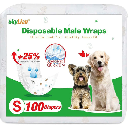 SkyLion Disposable Male Dog Diaper Wraps Super Absorbent Leak Proof Ultra Dry And Breathable Small 100 Count