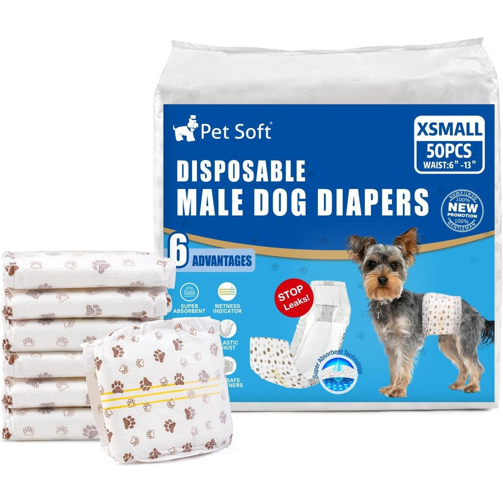Pet Soft Disposable Male Dog Diapers Ultra Absorbent Doggie Wraps With Wetness Indicator XSmall 50 Count
