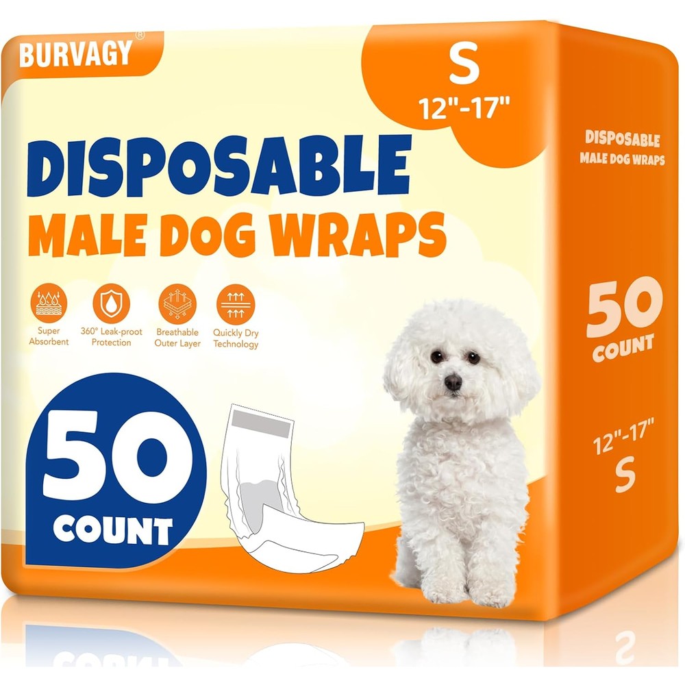 BURVAGY Disposable Male Dog Wraps Super Absorbent Leak Proof Puppy Diapers And Male Belly Bands For Small Dogs White 50 Count