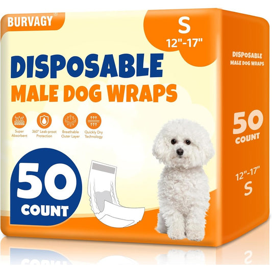 BURVAGY Disposable Male Dog Wraps Super Absorbent Leak Proof Puppy Diapers And Male Belly Bands For Small Dogs White 50 Count