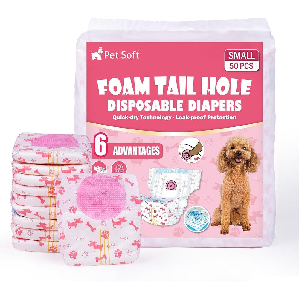 Pet Soft Disposable Female Dog Diapers With Adjustable Foam Tail Hole And Wetness Indicator Red Small 50 Count