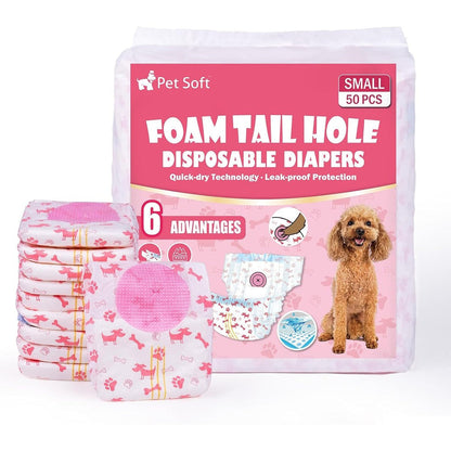 Pet Soft Disposable Female Dog Diapers With Adjustable Foam Tail Hole And Wetness Indicator Red Small 50 Count