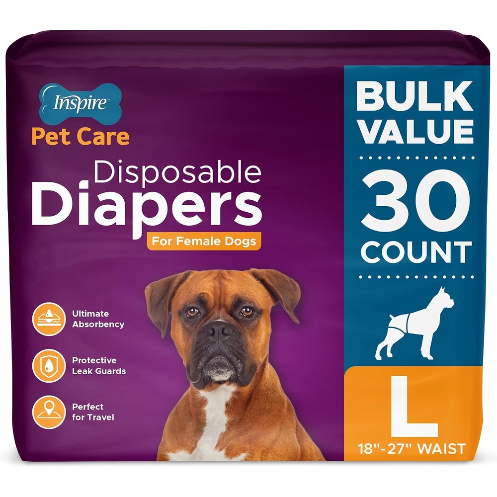 Inspire Pet Care Female Dog Diapers Bulk Value Pack Disposable Doggie Nappies For Incontinence Heat Cycles And Housebreaking Large 30 Count