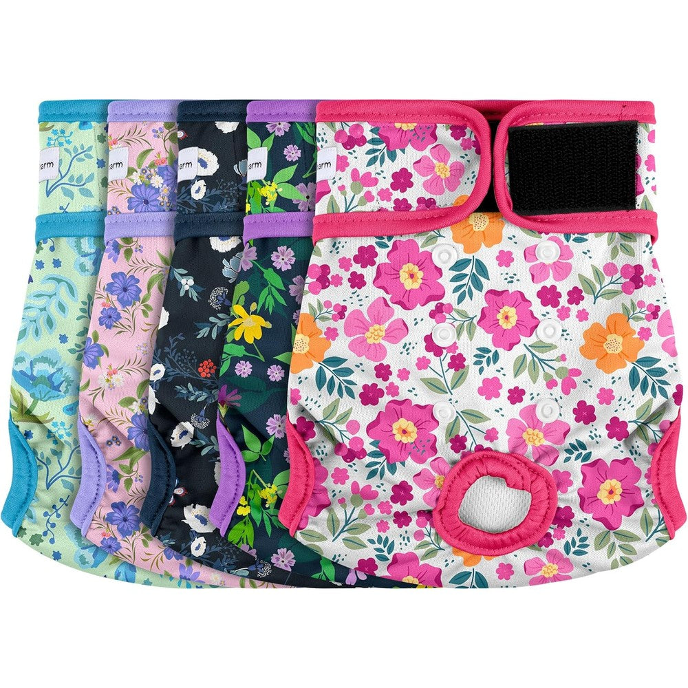 Barklincharm Five Pack Reusable Female Dog Diapers Highly Absorbent Washable Pet Diaper For Incontinence Heat Cycle And Training Flowers Pattern Small