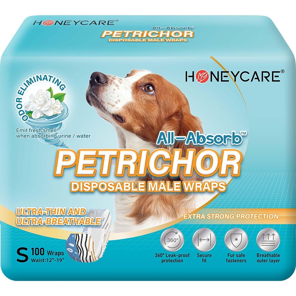 HONEY CARE All Absorb Petrichor Male Dog Wrap Disposable Fresh Smell Leak Proof Diaper White Small 100 Count