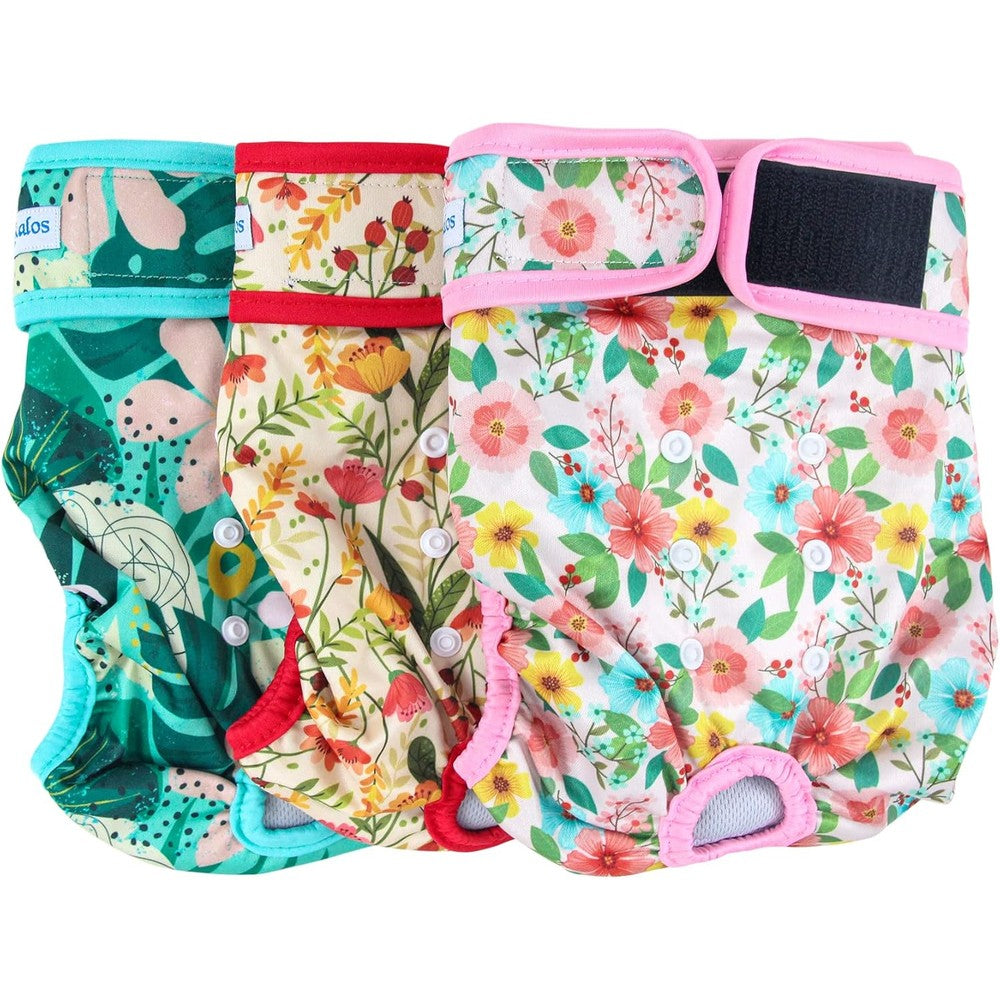 Leekalos Reusable Washable Female Dog Diapers Highly Absorbent Size Adjustable Doggie Period Panties Three Pack Medium Flora