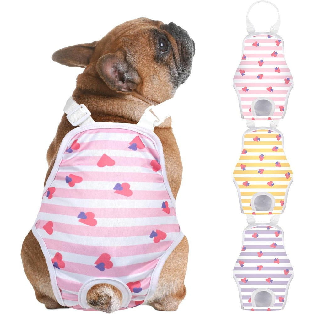 Jollywoods 3 Pack Washable Female Dog Diaper Onesie Sanitary Pantie With Adjustable Suspender Reusable Leakproof Doggie Jumpsuit Medium Size
