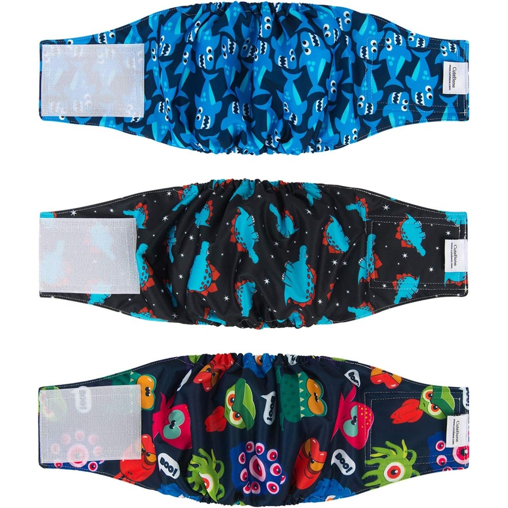 CuteBone Washable Dog Belly Bands For Male Dogs Reusable Doggie Diaper Wraps Premium Absorbent Training Underwear Blue Shark Pattern Small Size 3 Pack