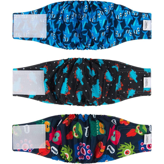 CuteBone Washable Dog Belly Bands For Male Dogs Reusable Doggie Diaper Wraps Premium Absorbent Training Underwear Blue Shark Pattern Small Size 3 Pack