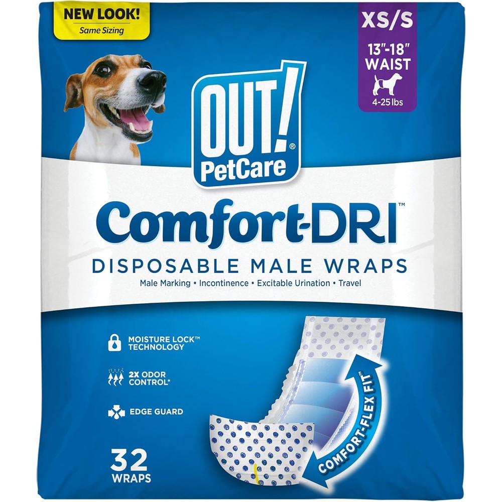 OUT! PetCare Disposable Male Dog Diapers Leakproof Potty Training Belly Bands Extra Small To Small White Thirty Two Count