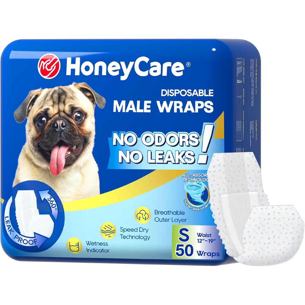 HONEY CARE All Absorb A26 Disposable Male Dog Wrap Leak Proof Belly Band Diapers For Small Dogs Twelve To Nineteen Inch Waist Fifty Count