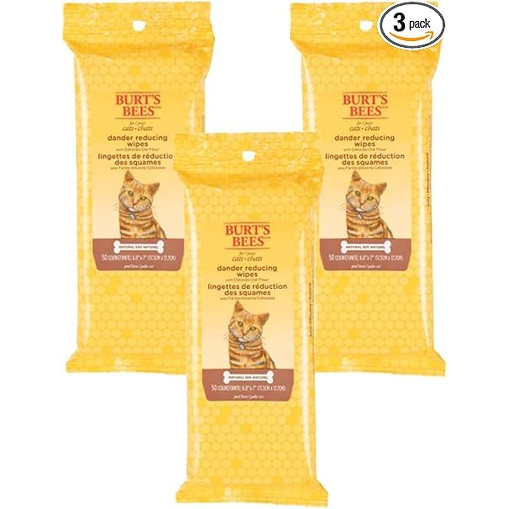 Burt's Bees For Pets Cat Dander Remover Wipes With Colloidal Oat Flour And Aloe Vera For Dry Skin Relief 50 Count Pack Of 3