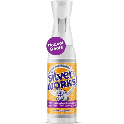 SilverWorks! Pet Odor Eliminator Spray For Home Natural Silver Ion Deodorizer For Cat Dog Urine And Furniture 16.9 Fluid Ounce