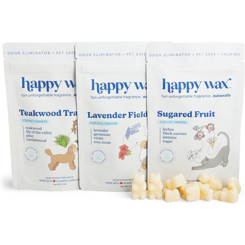 Happy Wax Pet Scents Collection Pet Safe Odor Eliminating Soy Wax Melts Teakwood Lavender And Sugared Fruit 6 Ounce Variety Pack