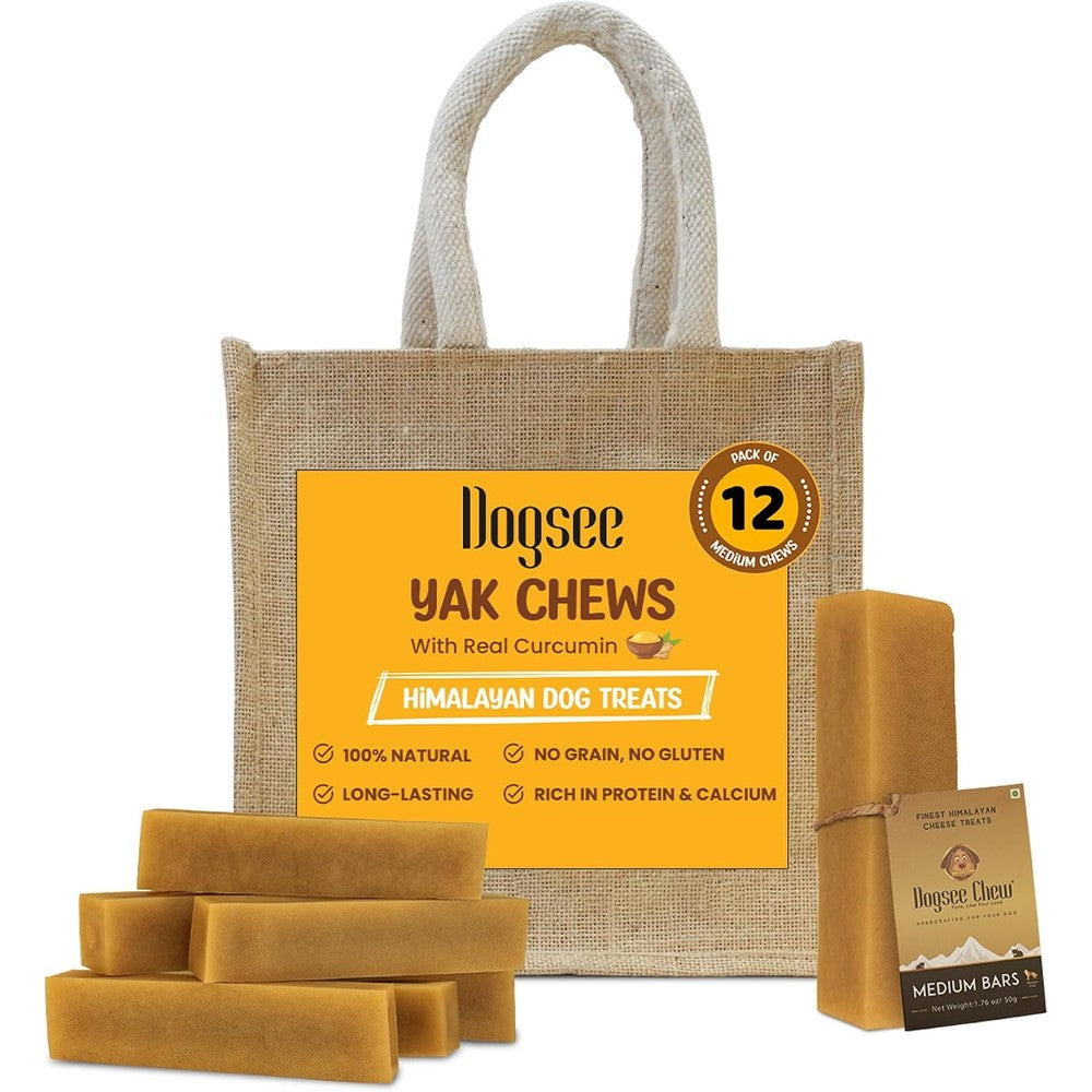 Dogsee Himalayan Yak Cheese Chews With Turmeric For Medium Dogs 12 Pack 2 Pound Natural Grain Free Dental Sticks For Joint Support
