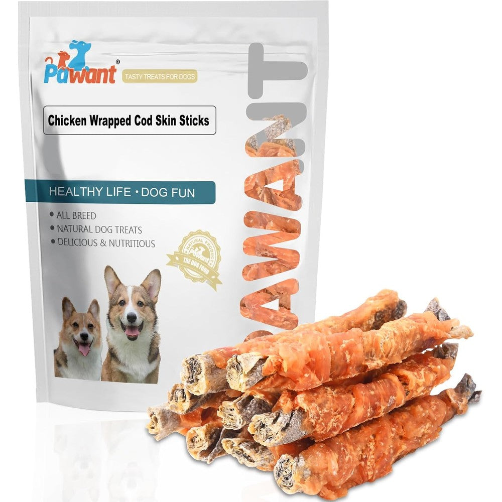 Pawant Chicken Wrapped Cod Skin Dog Treats, 45 Percent Real Chicken And 45 Percent Fish Skin, High Protein Omega-3 Chews For Skin And Coat, 8 Ounces