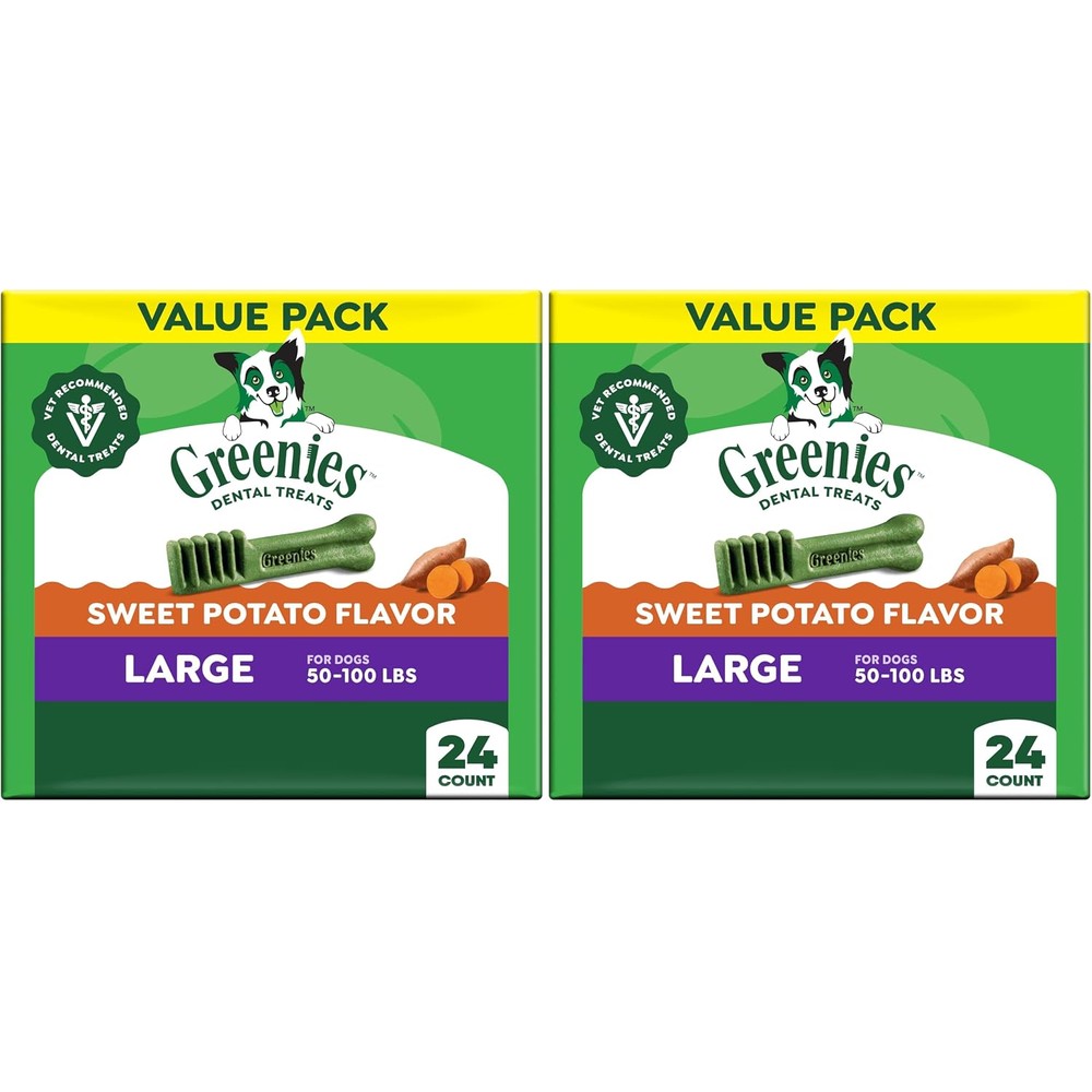Greenies Veterinarian Recommended Natural Dental Dog Treats Large Size Sweet Potato Flavor Thirty Six Ounce Pack Twenty Four Count Pack Of Two