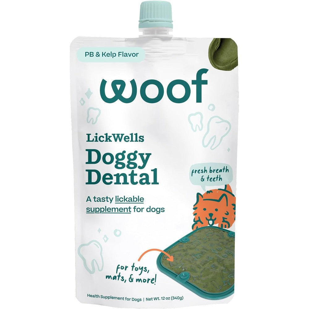WOOF LickWells Doggy Dental Teeth Cleaning Supplement and Breath Freshener Squeezable Peanut Butter and Kelp Flavor Dog Treats 12 Ounce