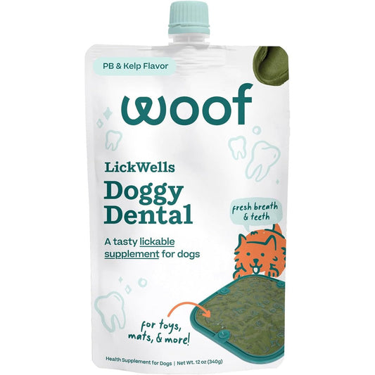 WOOF LickWells Doggy Dental Teeth Cleaning Supplement and Breath Freshener Squeezable Peanut Butter and Kelp Flavor Dog Treats 12 Ounce