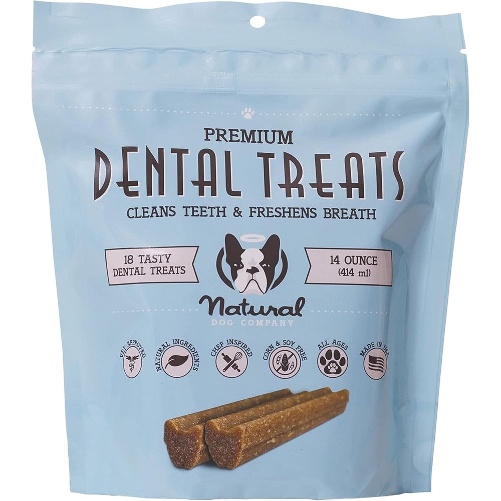 Natural Dog Company Dental Chews For Dogs Premium No Brushing Daily Oral Care Treats For Plaque And Tartar Reduction 14 Ounce Bag 18 Count