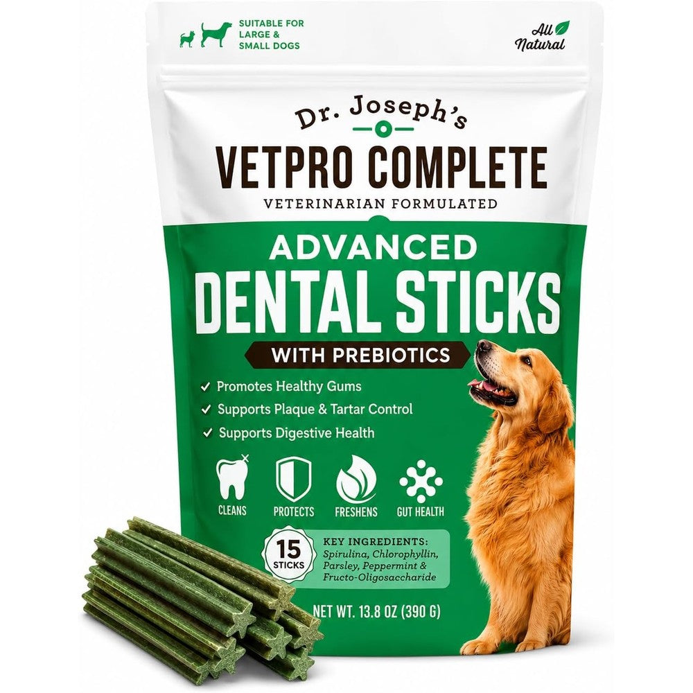 Dr. Joseph's Vetpro Complete Advanced Dental Sticks With Prebiotics, 15 Sticks, Teeth Cleaning And Digestive Health For Dogs
