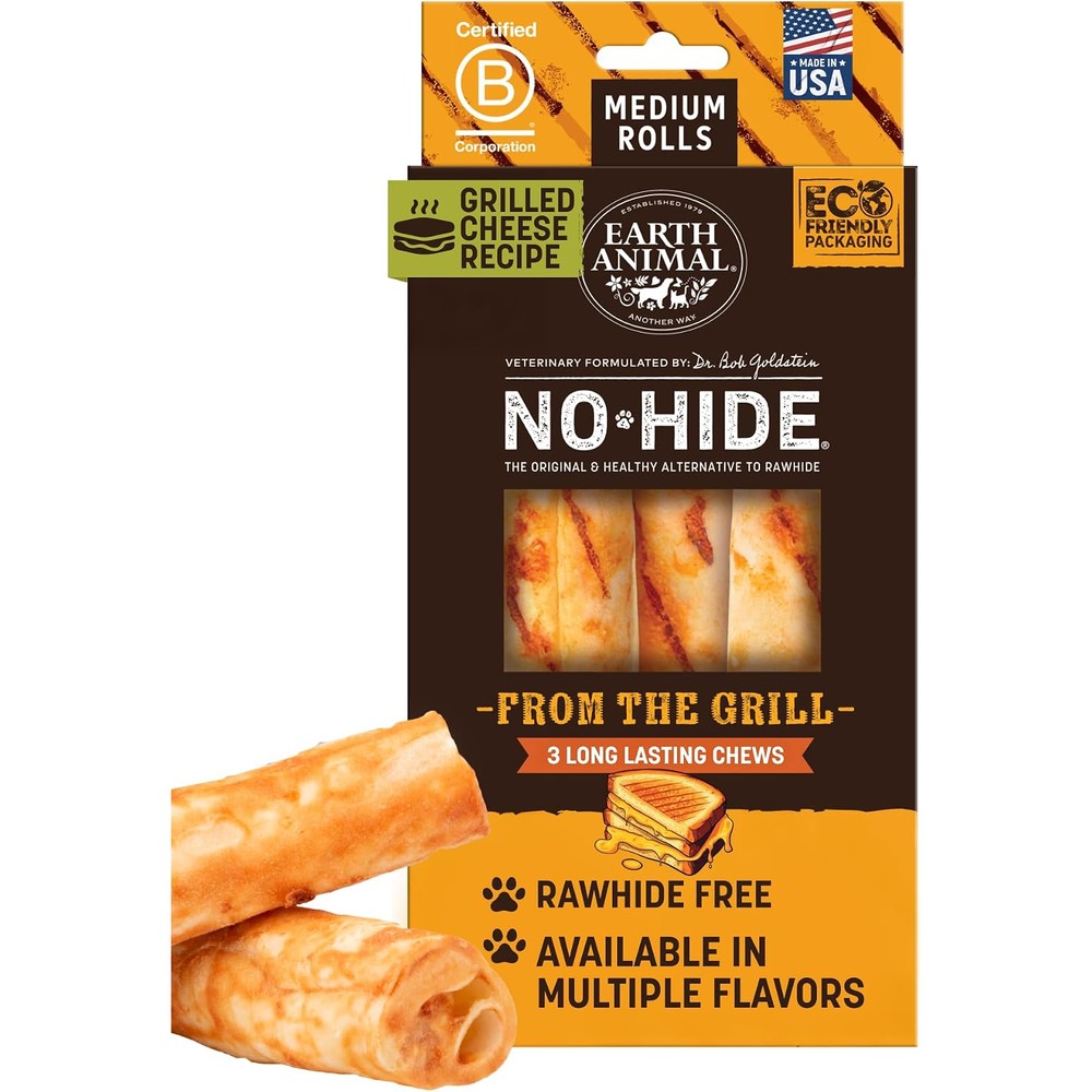 Earth Animal No-Hide Grilled Cheese Rolls Rawhide Free Natural Dog Chews Medium 3 Count For Healthy Digestion And Dental Care