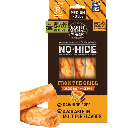 Earth Animal No-Hide Grilled Cheese Rolls Rawhide Free Natural Dog Chews Medium 3 Count For Healthy Digestion And Dental Care