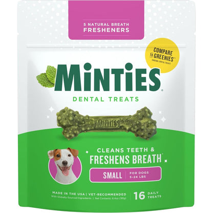Minties Dog Dental Bone Treats For Tiny And Small Dogs Five To Twenty Five Pounds Clean Teeth And Fight Bad Breath 16 Count