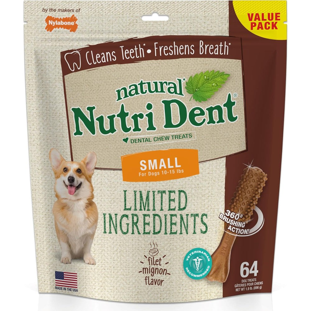 Nylabone Nutri Dent Filet Mignon Flavor Dog Dental Chews Natural Teeth Cleaning Treats For Small Dogs Up To Fifteen Pounds Sixty Four Count