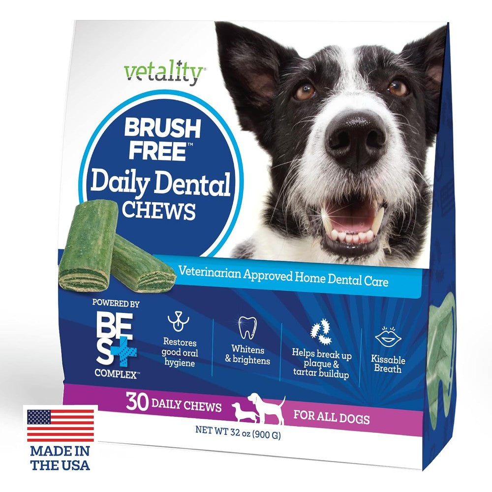 Vetality Brush Free Daily Dental Care Chews For Dogs, Teeth Cleaning And Tartar Control, 30 Count, USA Imported