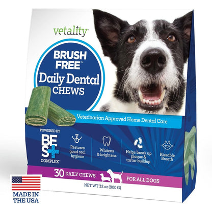 Vetality Brush Free Daily Dental Care Chews For Dogs, Teeth Cleaning And Tartar Control, 30 Count, USA Imported
