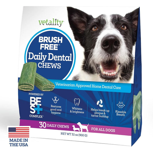 Vetality Brush Free Daily Dental Care Chews For Dogs, Teeth Cleaning And Tartar Control, 30 Count, USA Imported