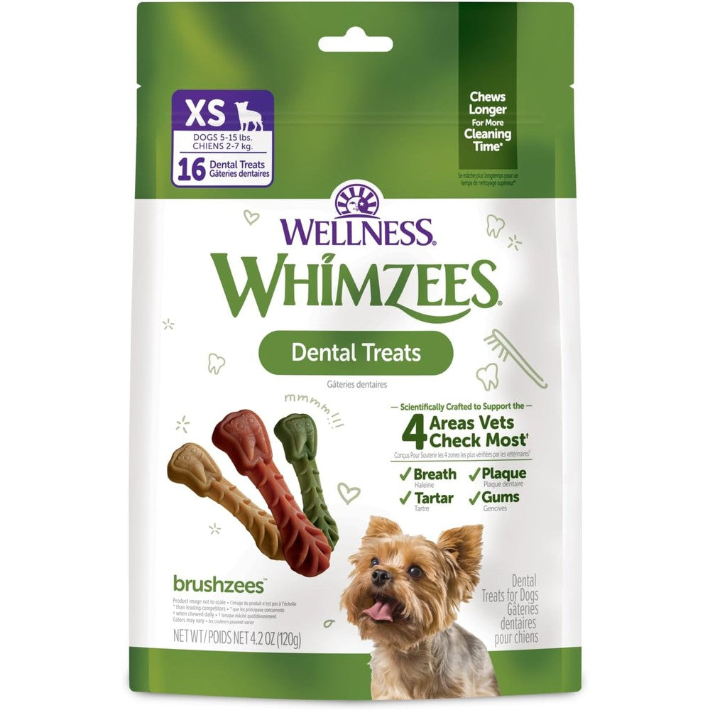 Wellness WHIMZEES Brushzees Natural Dog Dental Treat VOHC Accepted Grain Free Chews For Extra Small Dogs Sixteen Count Four Point Two Ounce Bag