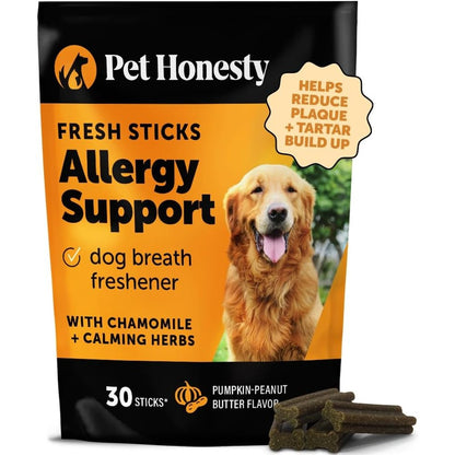 Pet Honesty Allergy Support Fresh Dental Sticks For Dogs Pumpkin Peanut Butter Flavor Immune And Skin Health Care 30 Count