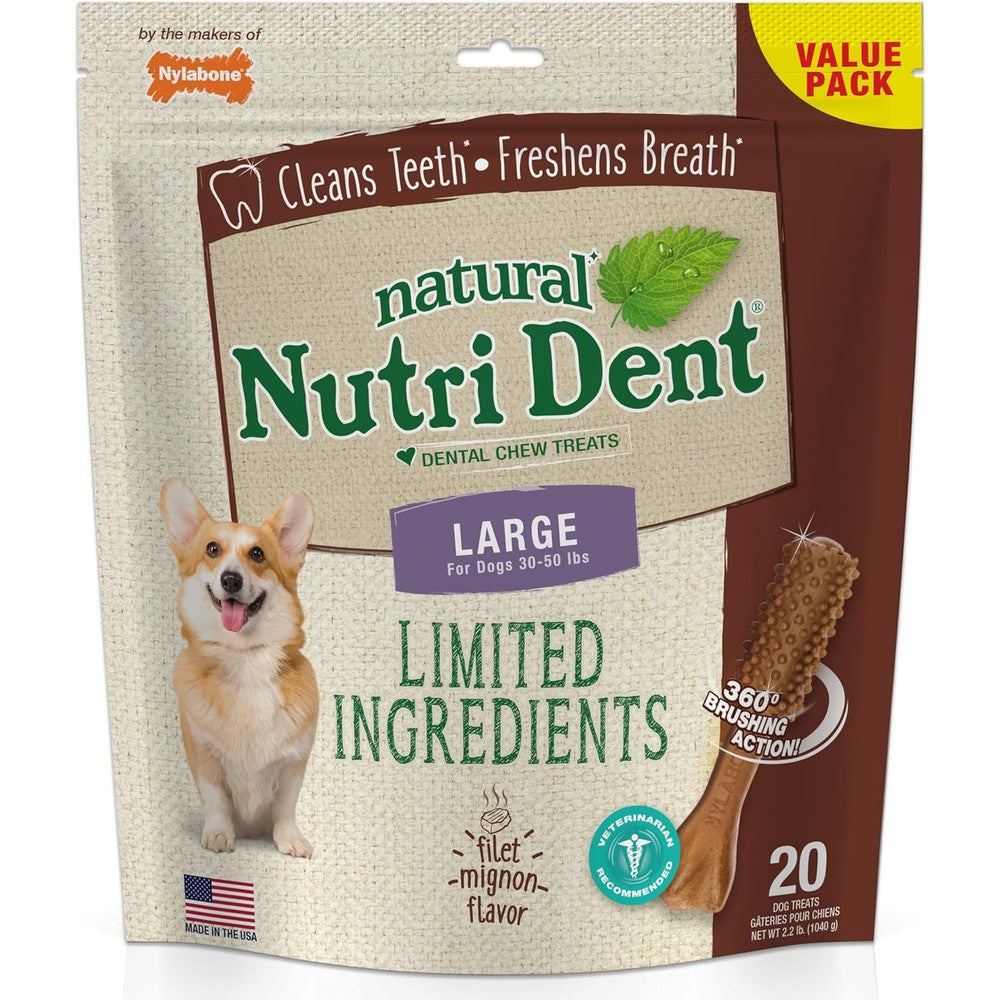 Nylabone Nutri Dent Natural Dog Dental Chews Filet Mignon Flavor Large Size Twenty Count