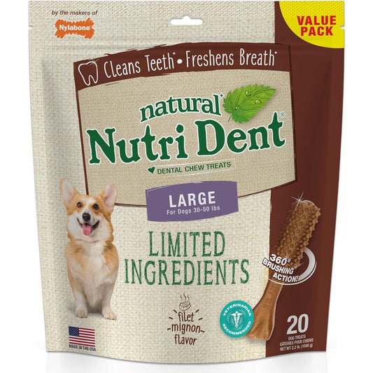 Nylabone Nutri Dent Natural Dog Dental Chews Filet Mignon Flavor Large Size Twenty Count