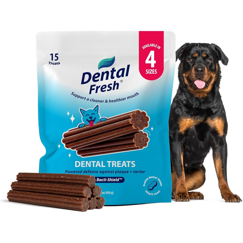Dental Fresh Vet Formulated Teeth Cleaning Dental Sticks for Large Dogs Fifty Pounds and Up Peanut Butter Flavor 15 Count