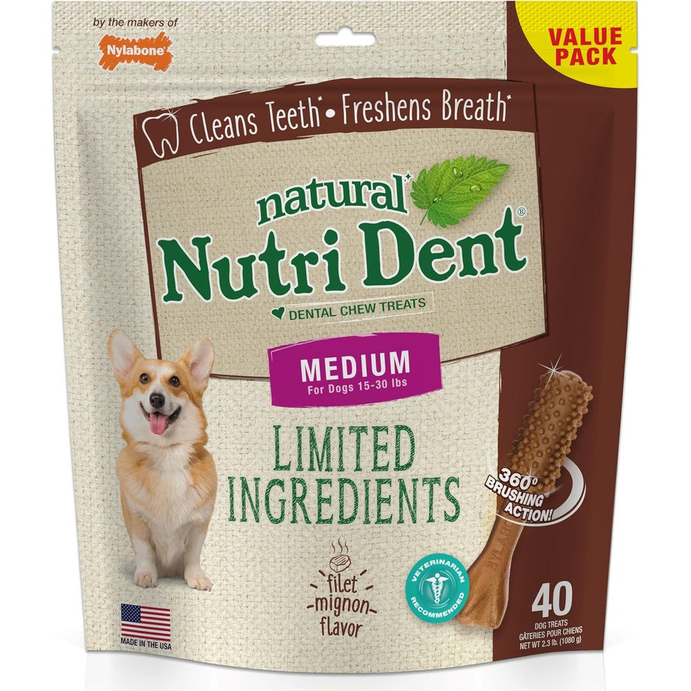 Nylabone Nutri Dent Dog Dental Chews Natural Teeth Cleaning Treats And Breath Freshener Filet Mignon Flavor Medium Forty Count