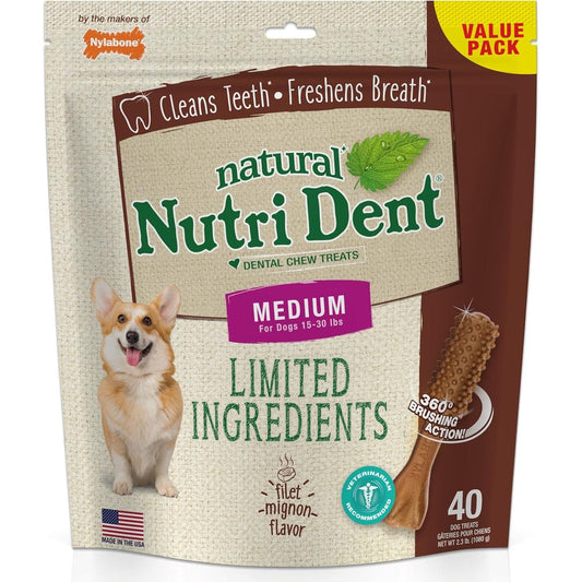 Nylabone Nutri Dent Dog Dental Chews Natural Teeth Cleaning Treats And Breath Freshener Filet Mignon Flavor Medium Forty Count
